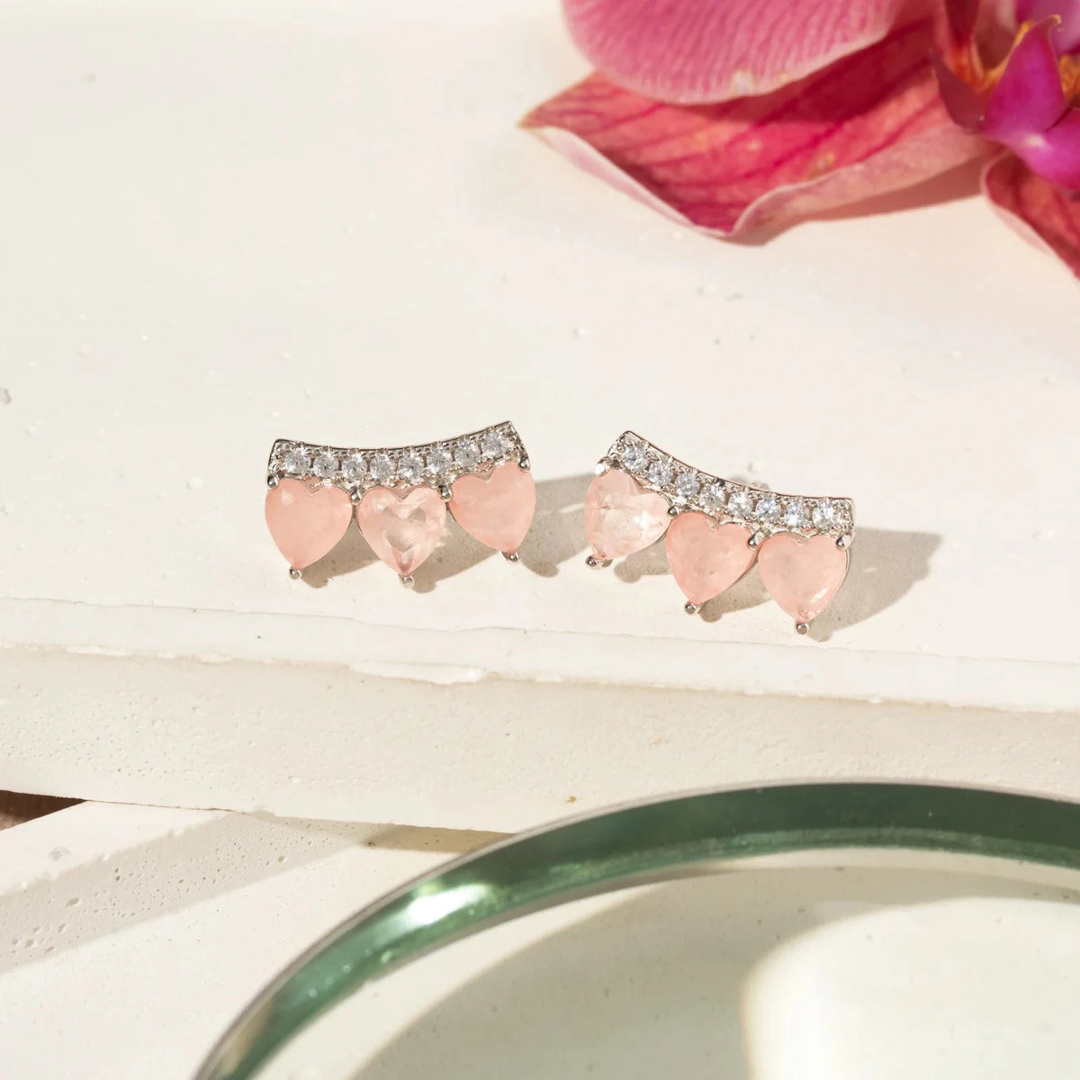 Three Hearts Earcuff Earring with Morganite Fusion and White Cubic Zirconia - 925 Silver