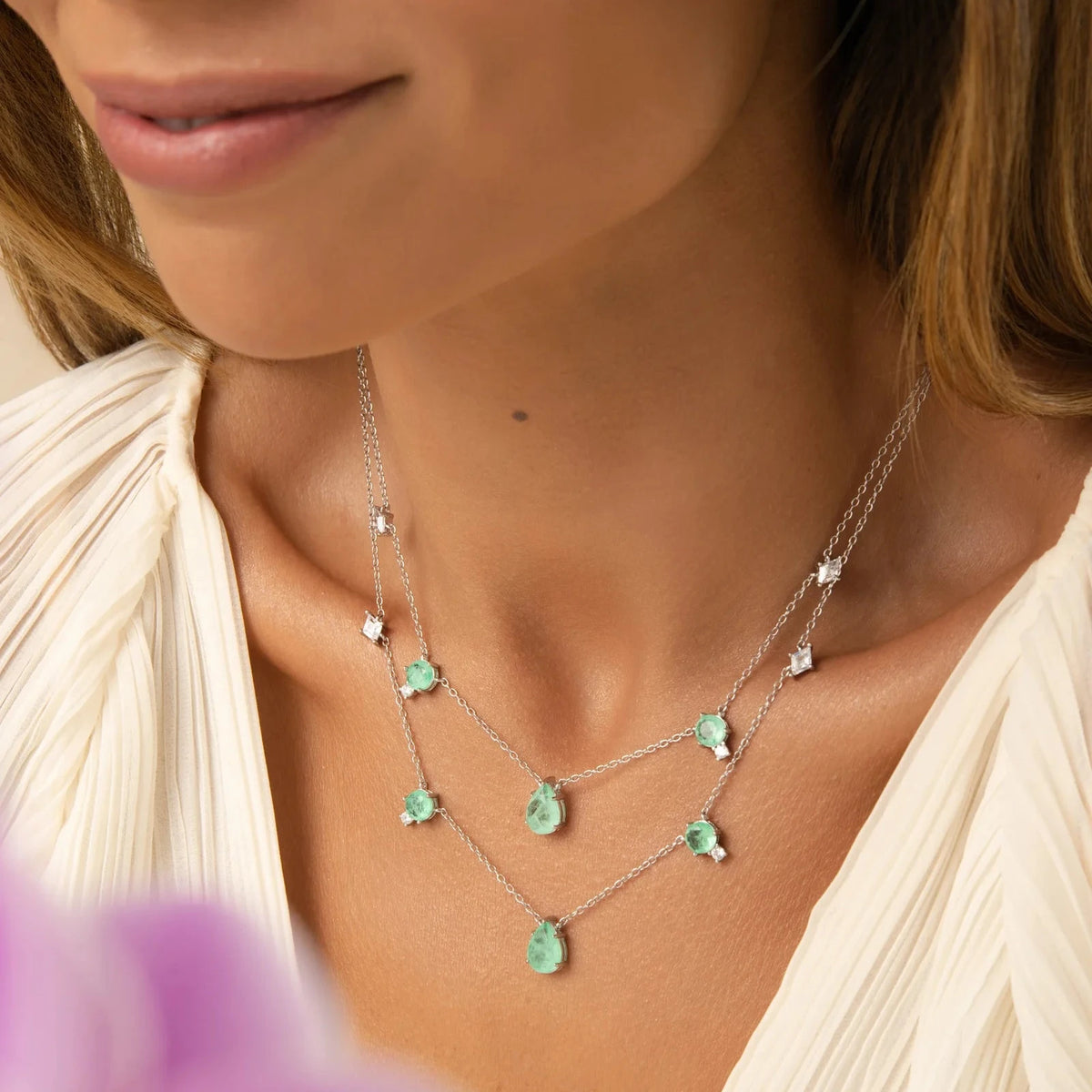 Pear and Round Necklace with Colombian Emerald Fusion and White Cubic Zirconia 50cm - 925 Silver