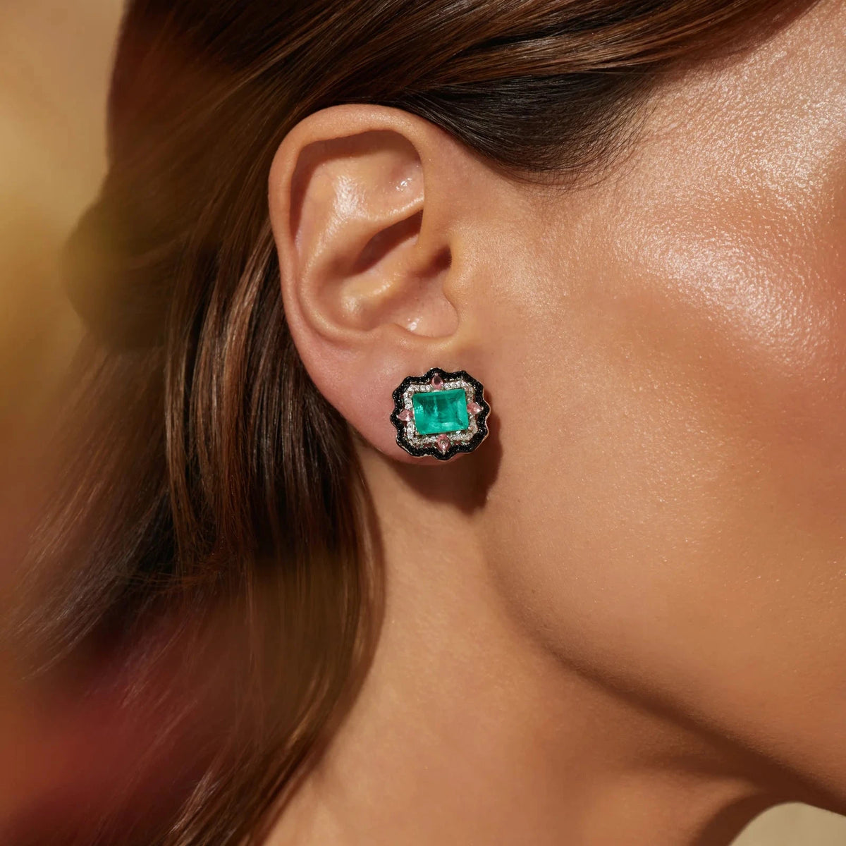Rectangle Earring with Tourmaline Fusion, Pink Tourmaline Crystal and Black Cubic Zirconia - 925 Silver