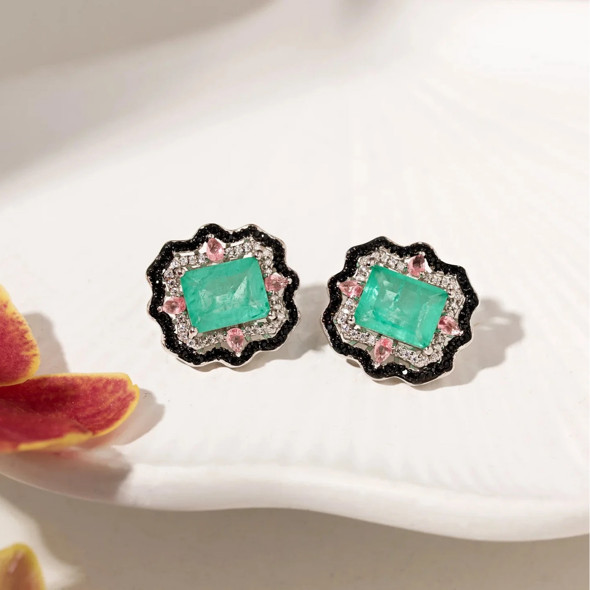 Rectangle Earring with Tourmaline Fusion, Pink Tourmaline Crystal and Black Cubic Zirconia - 925 Silver