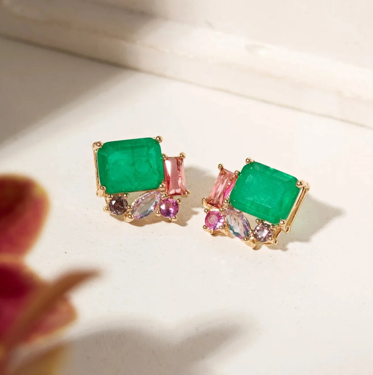Medium Rectangular Earring with Emerald Fusion, Pink Tourmaline Crystal, Paraiba Crystal - 18k Gold Plated