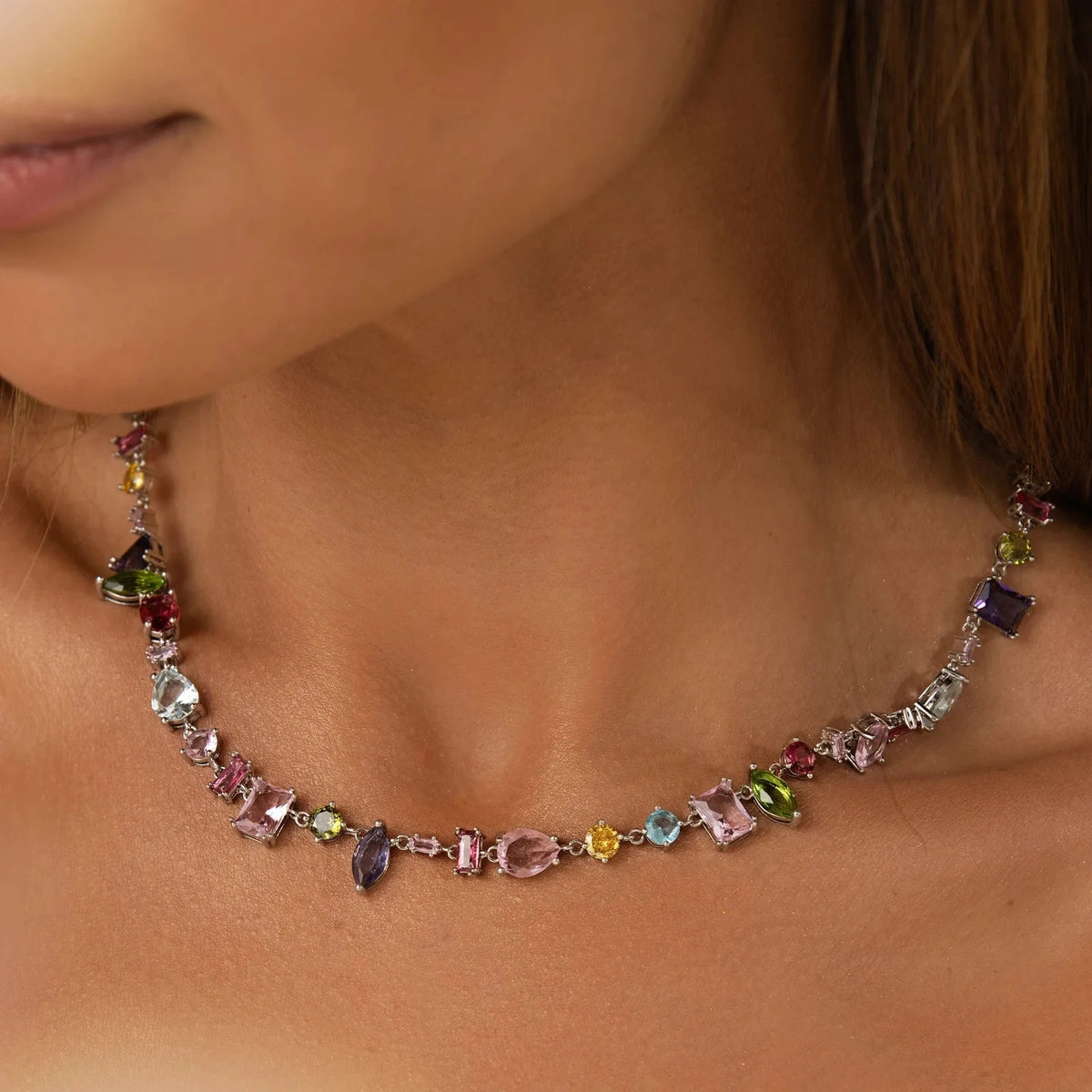 Shapes Necklace with Peridot, Rose Quartz, Citrine, Amethyst and Blue Topaz Crystals 45cm - White Rhodium Plated