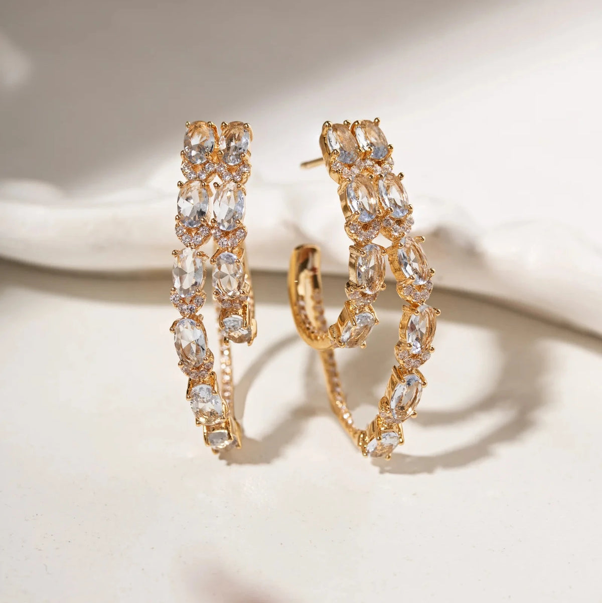 Oval Hoop Earring with London Blue Crystal and White Cubic Zirconia - 18k Gold Plated
