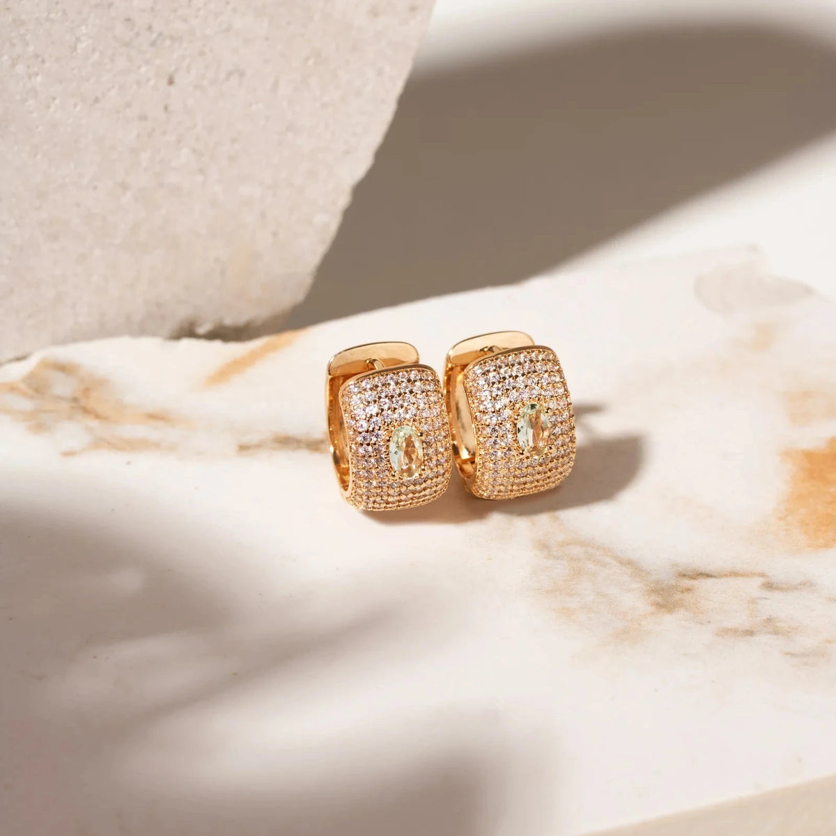 Wide Hoop Earring with Aquamarine Crystal Oval and White Cubic Zirconia - 18k Gold Plated
