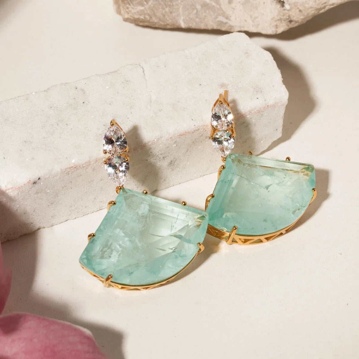 Long Triangular Earring with Light Tourmaline Fusion and White Cubic Zirconia - 18k Gold Plated