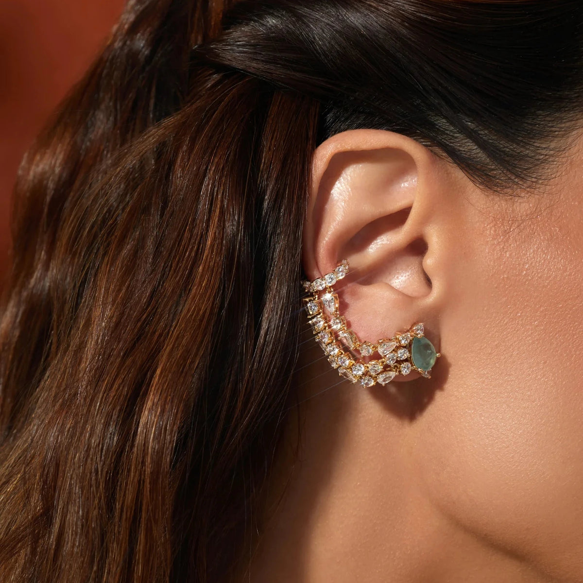 Ear Chain Pear Earring with Labradorite Fusion and White Cubic Zirconia - 18k Gold Plated