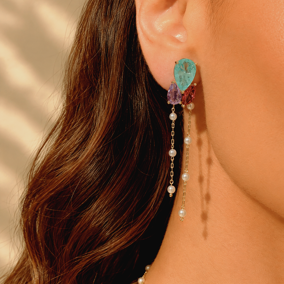 Versatile Shapes Earring with Light Tourmaline Fusion and Pink Tourmaline, Amethyst Crystals - 18k Gold Plated