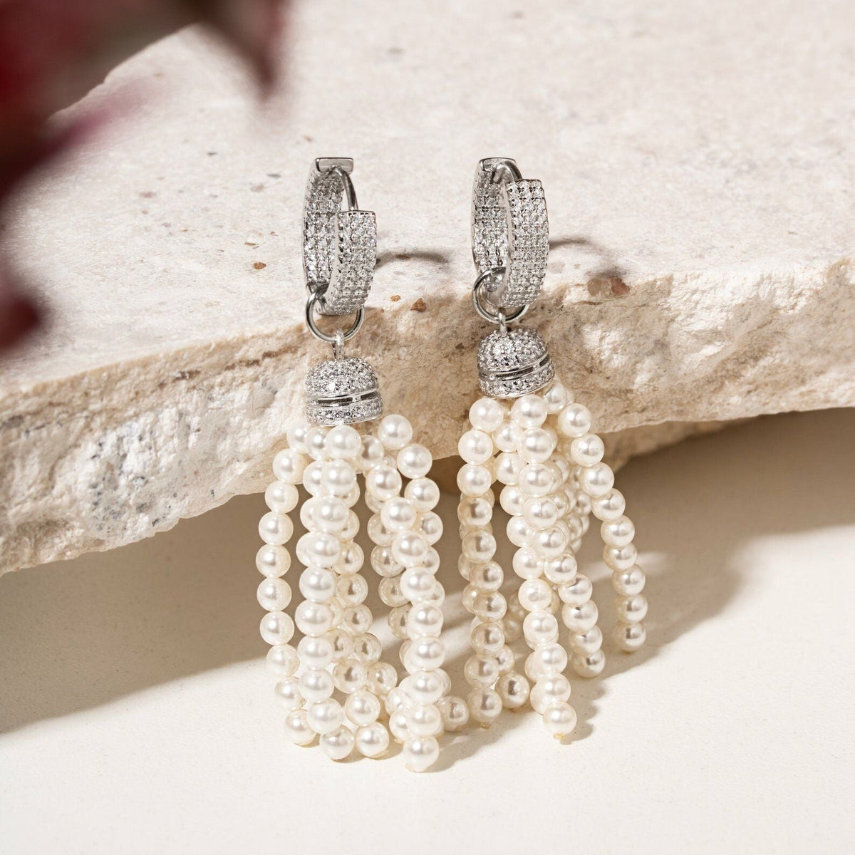 Hoop Earring with Shell Pearl Tassel and White Cubic Zirconia - 925 Silver
