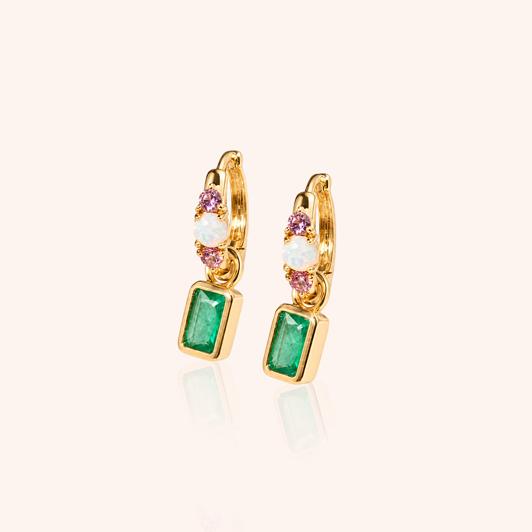 Ear Bling Rectangle Jolie Earring with Emerald Crystal, Opal and Pink Tourmaline Cubic Zirconia - 18k Gold Plated