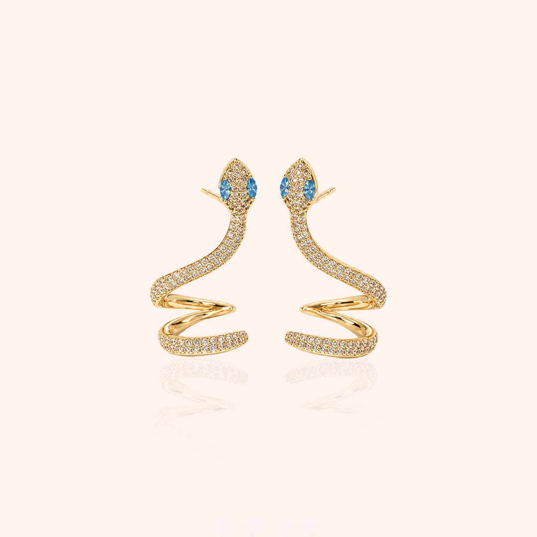 Snake Ear Cuff with Blue Topaz Crystal and White Cubic Zirconia - 18k Gold Plated