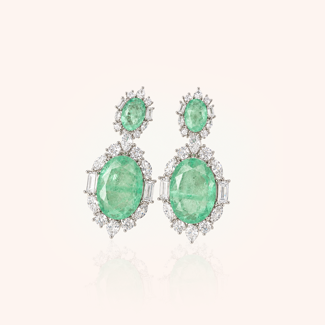Maxi Oval Earring with Colombian Emerald Fusion and White Cubic Zirconia - White Rhodium Plated