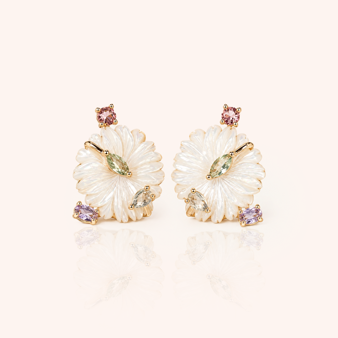 Mother-of-Pearl Flower Earring with Amethyst Crystal, Pink Tourmaline Crystal and Green Amethyst Crystal - 18k Gold Plated
