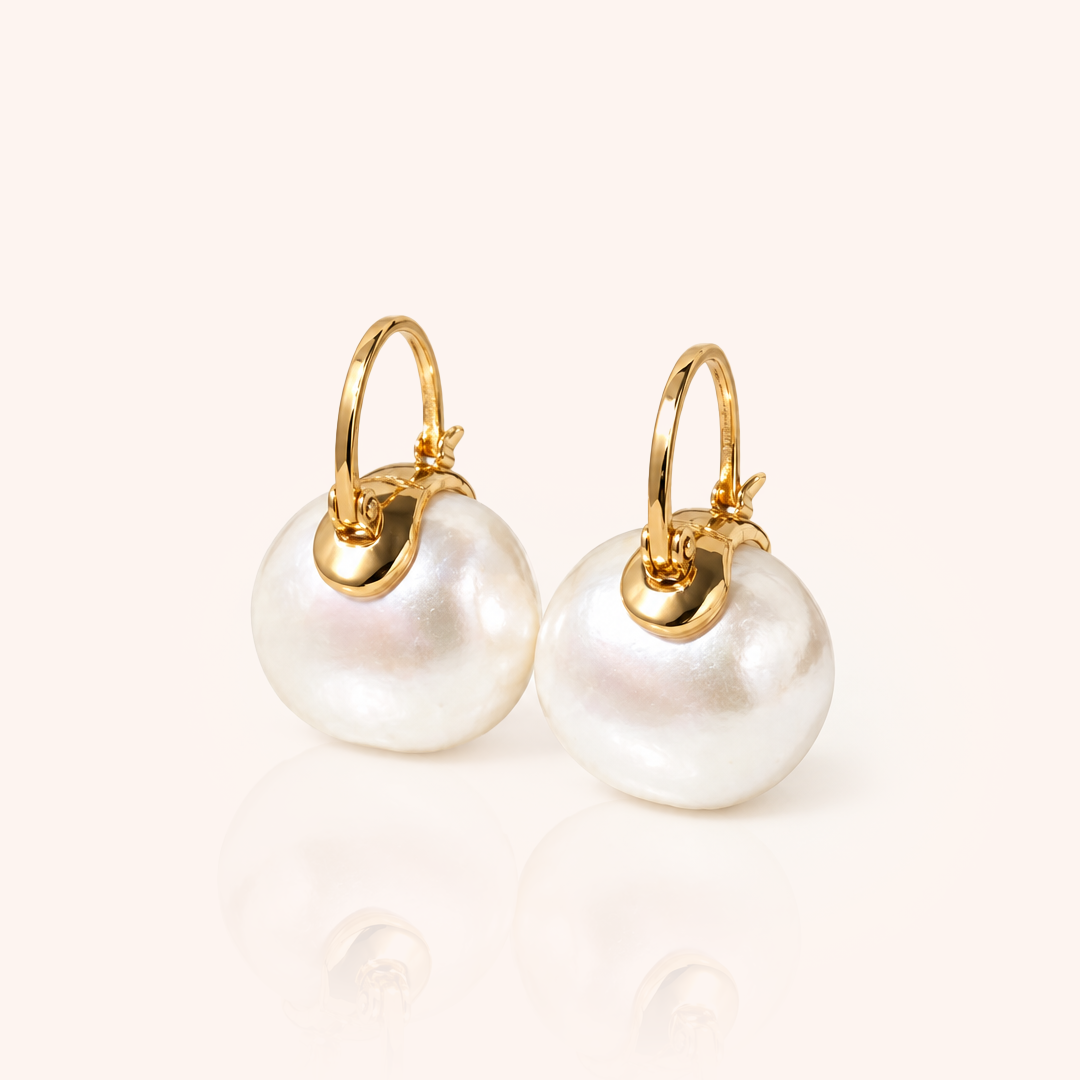 Oval White Pearl Earring with Locking Closure - 18k Gold Plated