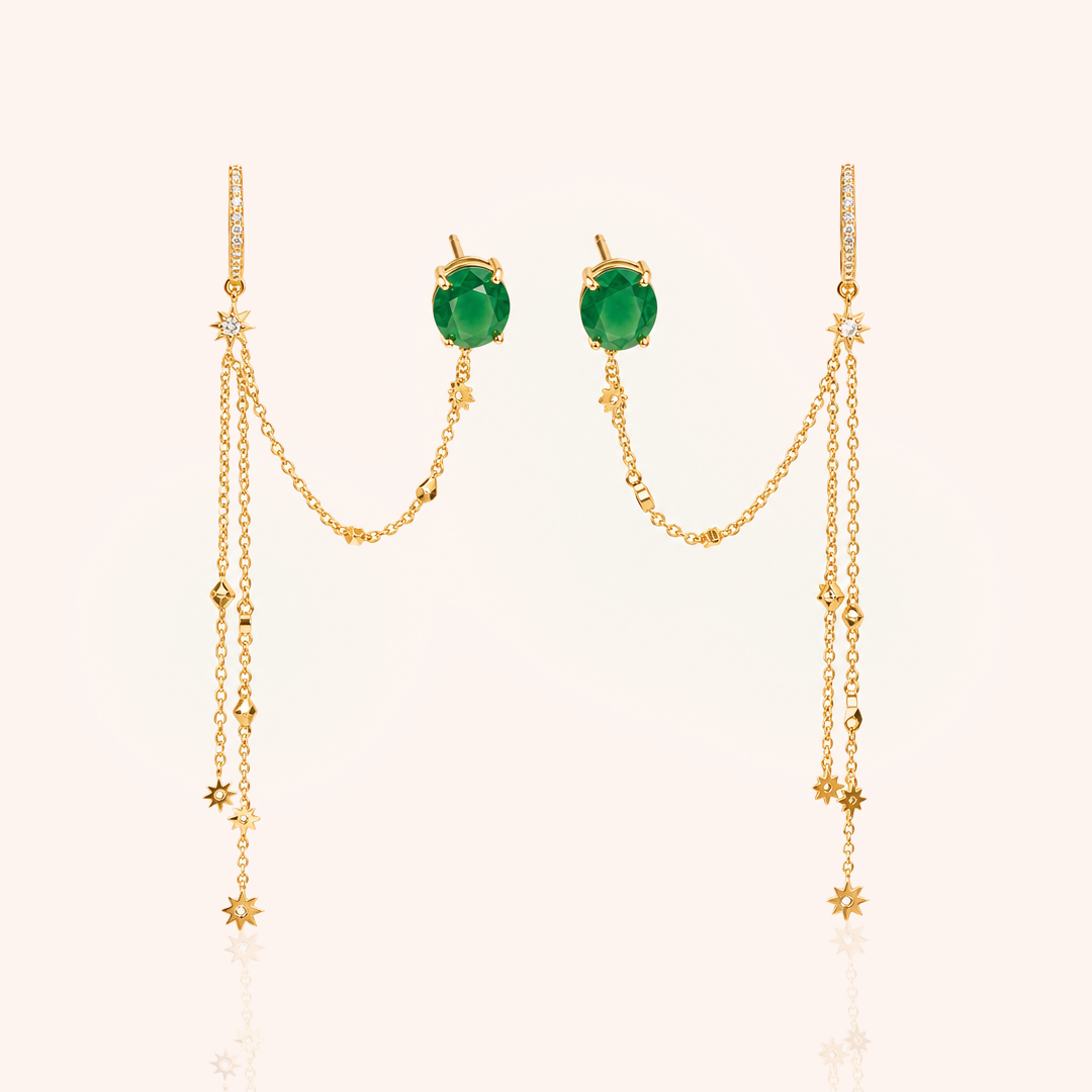 Oval and Stars Earchain Earring with Emerald Crystal and White Cubic Zirconia - 18k Gold Plated