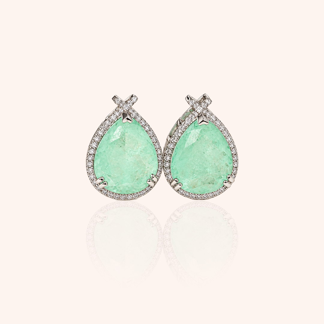 Pear Earring 16x13 with Colombian Emerald Fusion and White Cubic Zirconia - 925 Silver