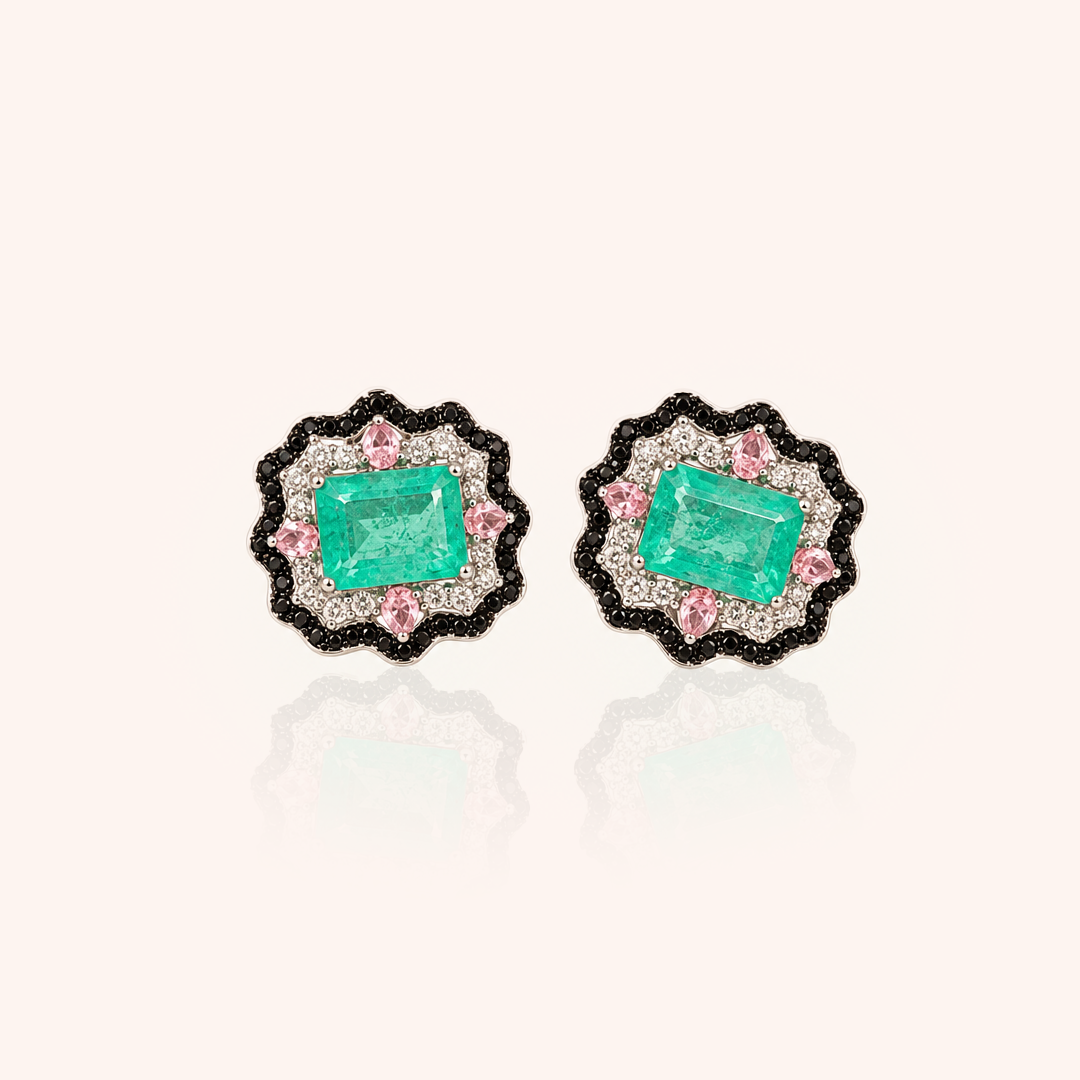 Rectangle Earring with Tourmaline Fusion, Pink Tourmaline Crystal and Black Cubic Zirconia - 925 Silver