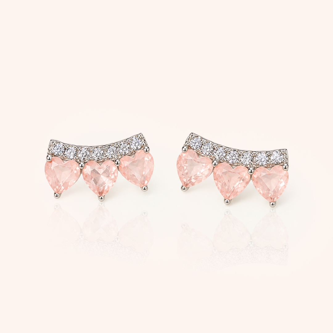 Three Hearts Earcuff Earring with Morganite Fusion and White Cubic Zirconia - 925 Silver