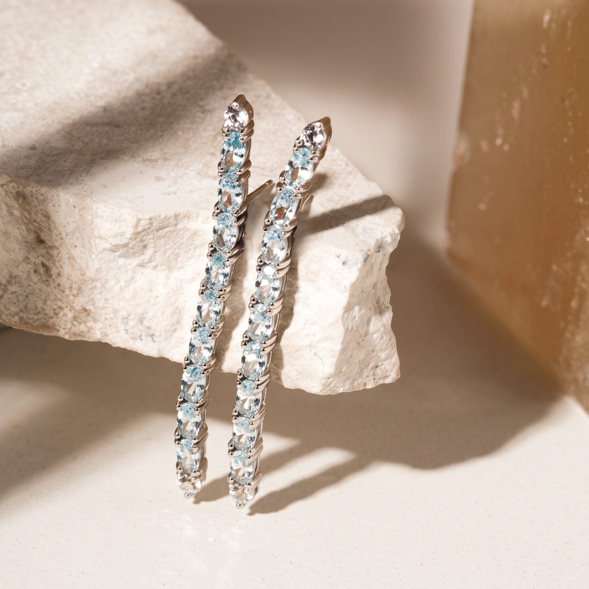 Long Earring with Aquamarine Cubic Zirconia Ovals and White Cubic Zirconia - 925 Silver