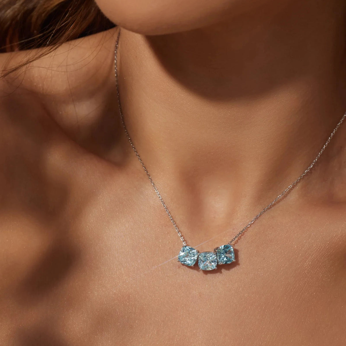 Squares Necklace with Aquamarine Cubic Zirconia 50cm - 925 Silver