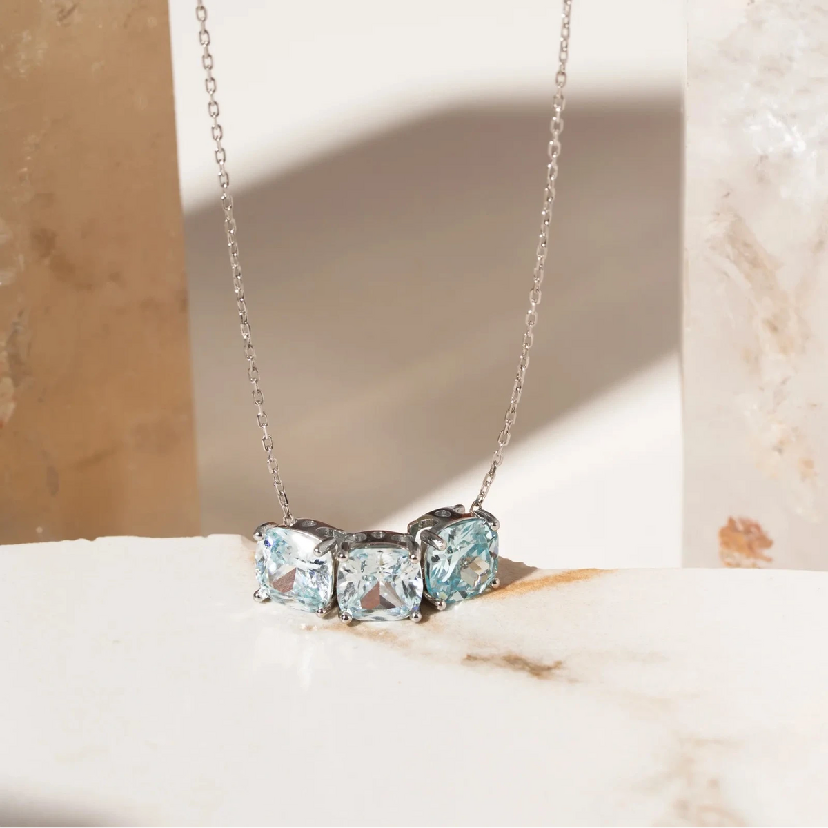 Squares Necklace with Aquamarine Cubic Zirconia 50cm - 925 Silver
