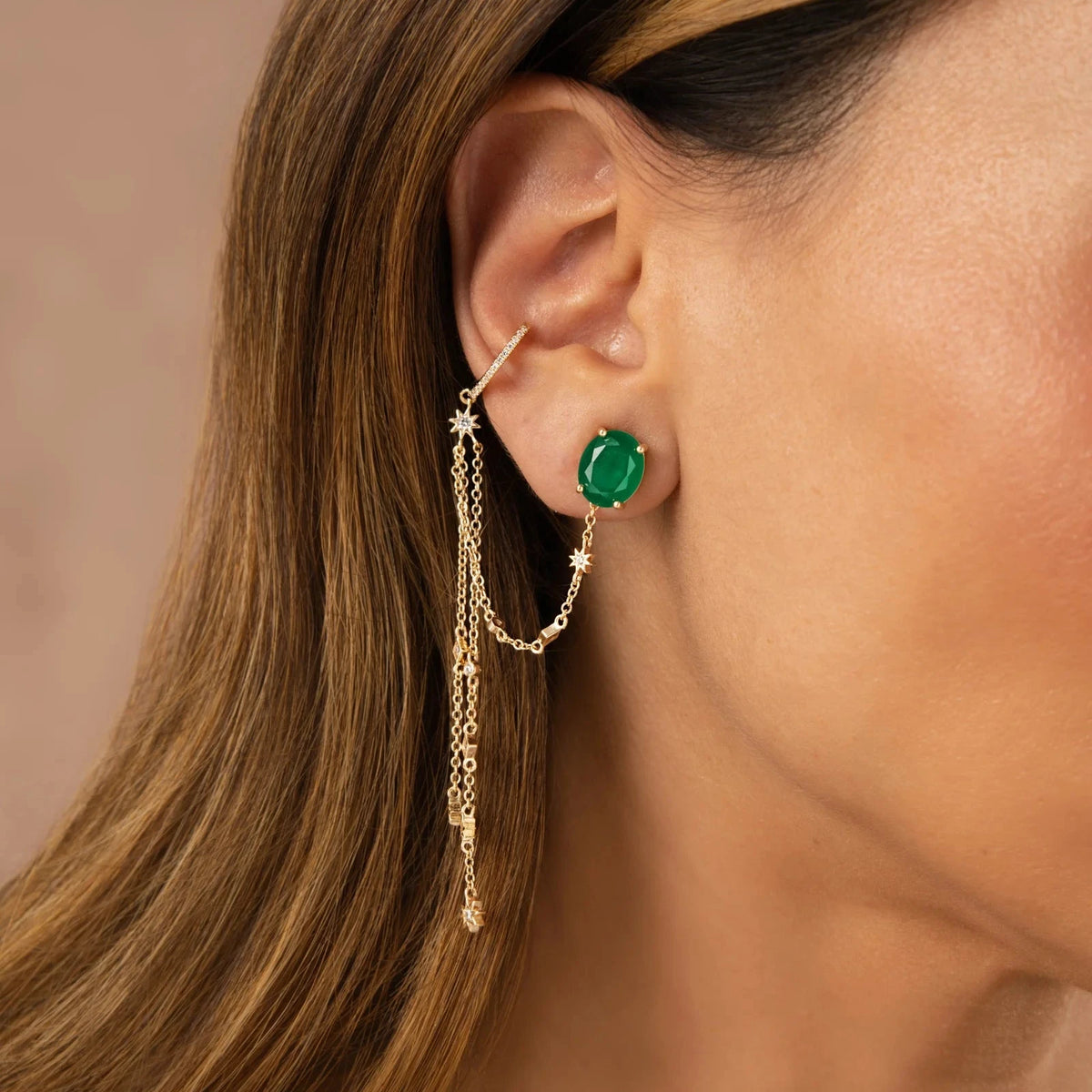 Oval and Stars Earchain Earring with Emerald Crystal and White Cubic Zirconia - 18k Gold Plated