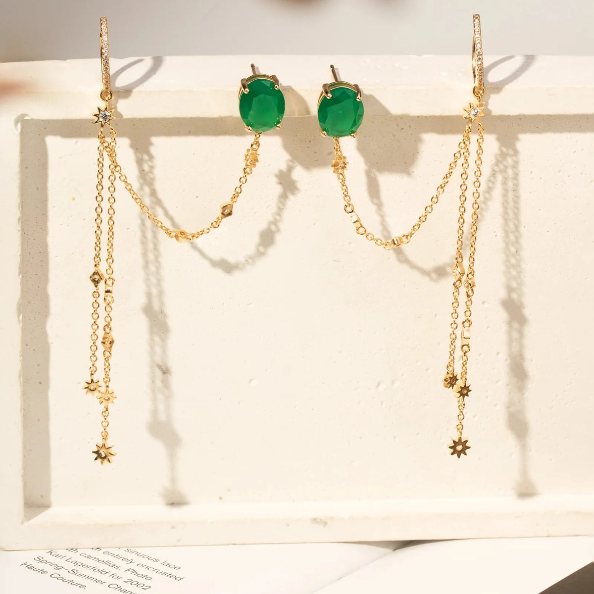 Oval and Stars Earchain Earring with Emerald Crystal and White Cubic Zirconia - 18k Gold Plated