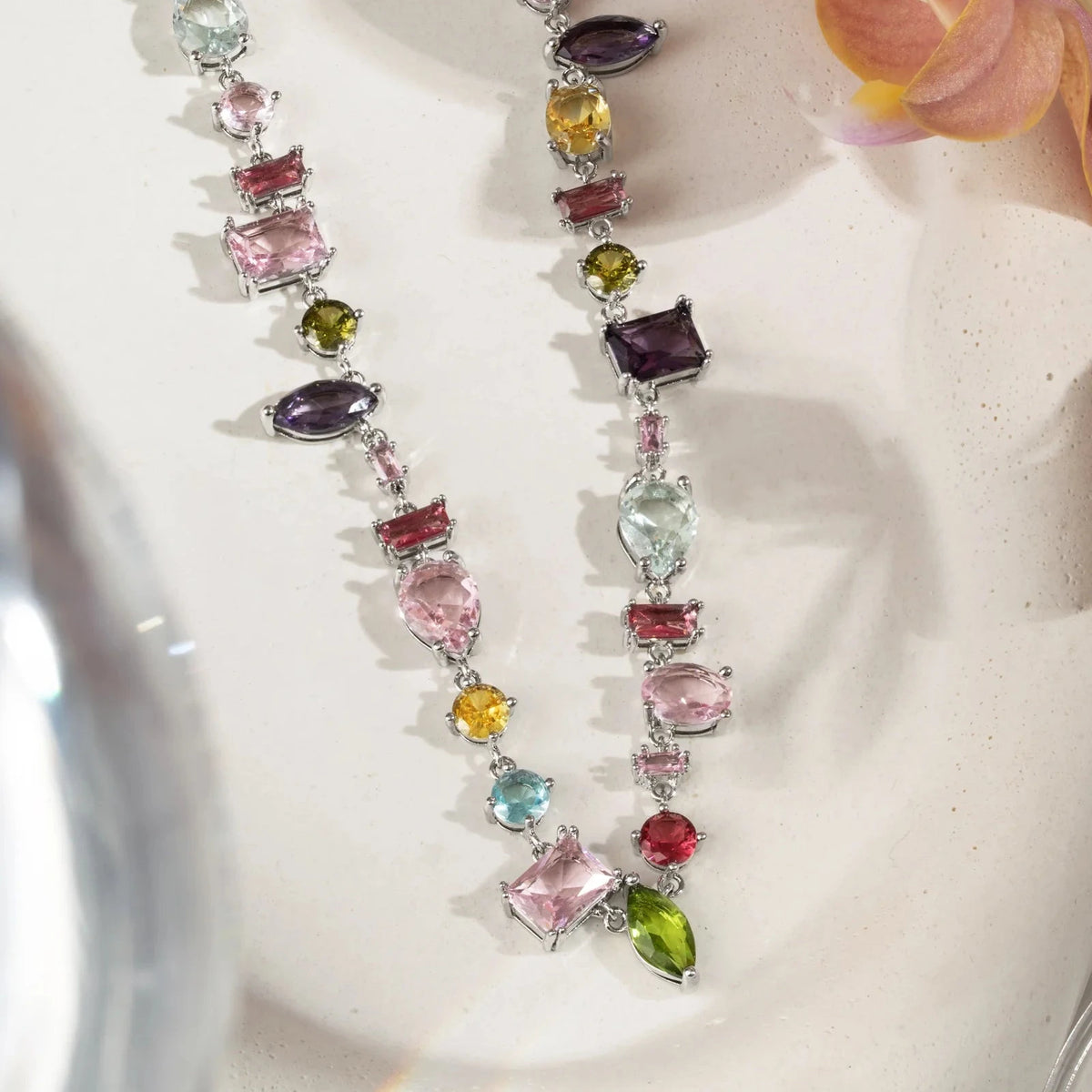 Shapes Necklace with Peridot, Rose Quartz, Citrine, Amethyst and Blue Topaz Crystals 45cm - White Rhodium Plated