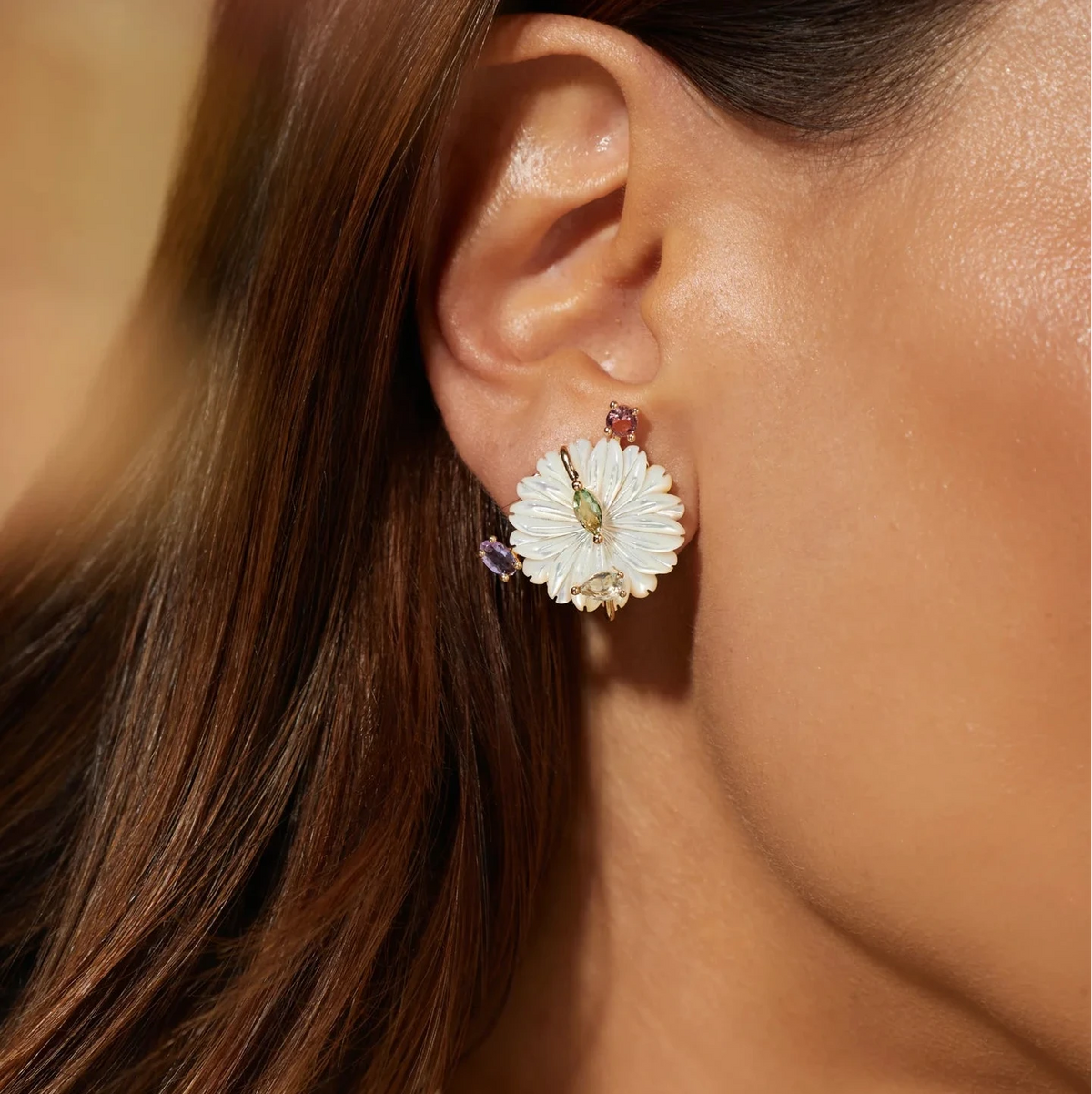 Mother-of-Pearl Flower Earring with Amethyst Crystal, Pink Tourmaline Crystal and Green Amethyst Crystal - 18k Gold Plated