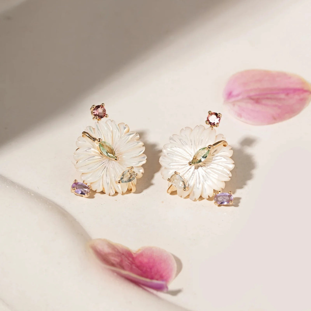 Mother-of-Pearl Flower Earring with Amethyst Crystal, Pink Tourmaline Crystal and Green Amethyst Crystal - 18k Gold Plated