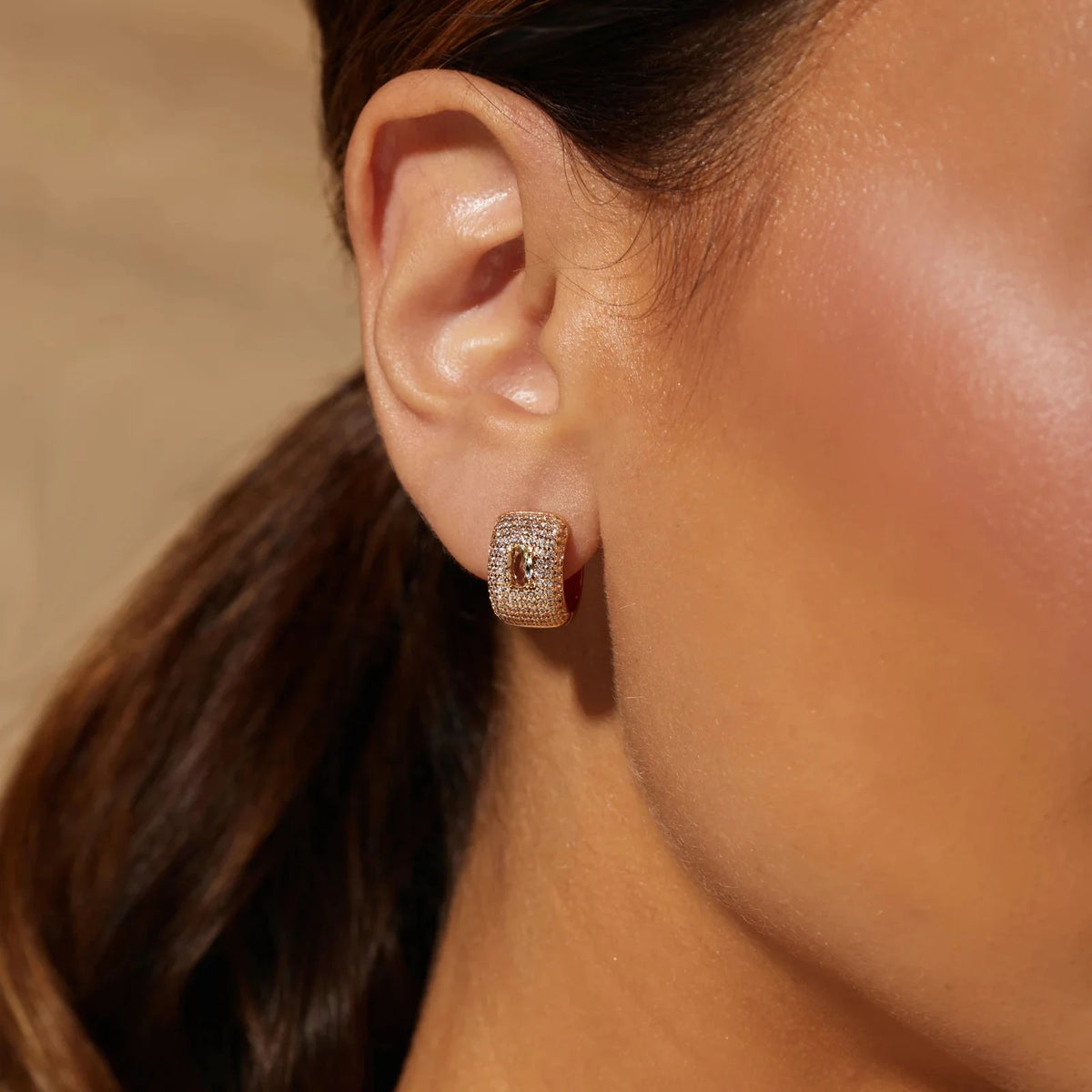 Wide Hoop Earring with Aquamarine Crystal Oval and White Cubic Zirconia - 18k Gold Plated
