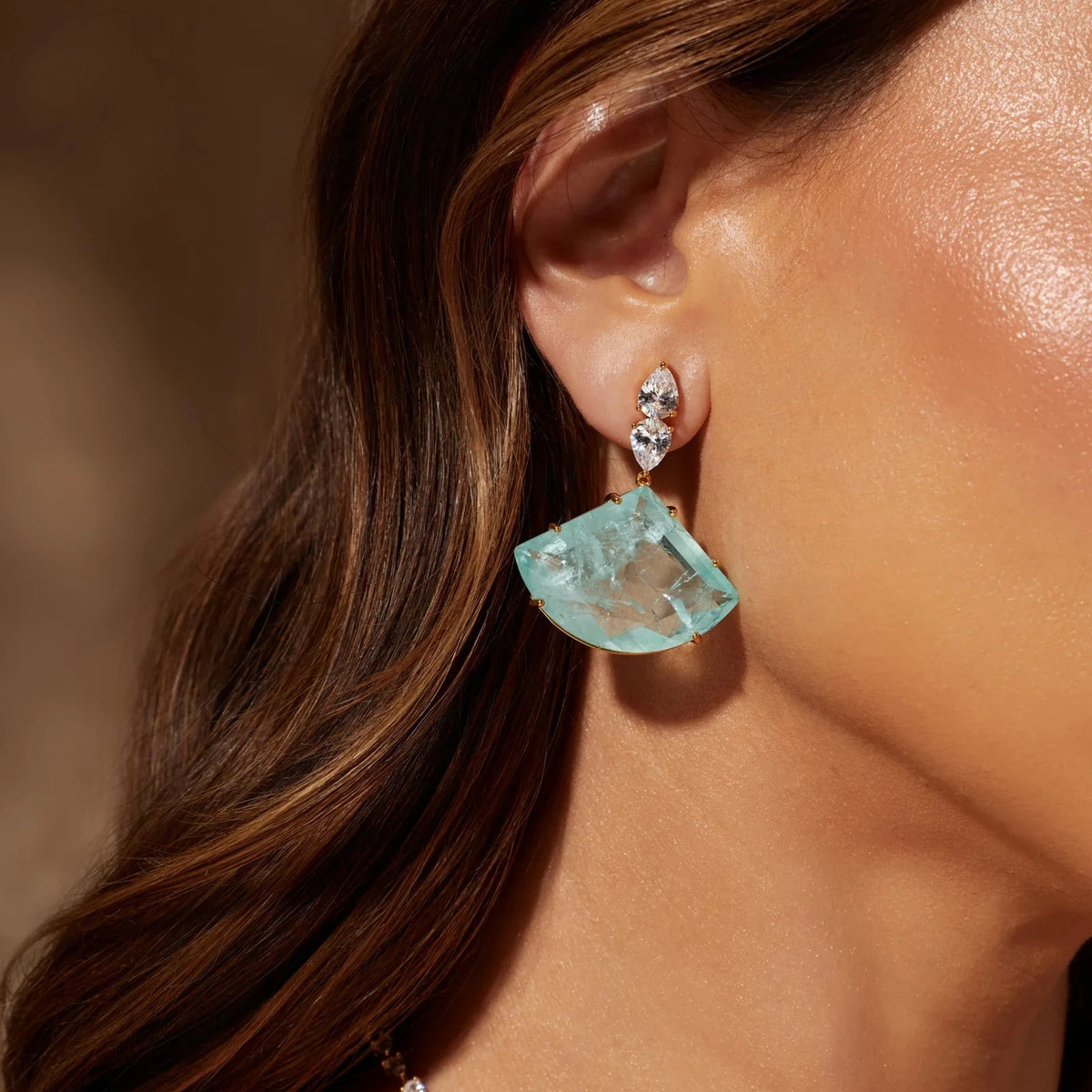 Long Triangular Earring with Light Tourmaline Fusion and White Cubic Zirconia - 18k Gold Plated
