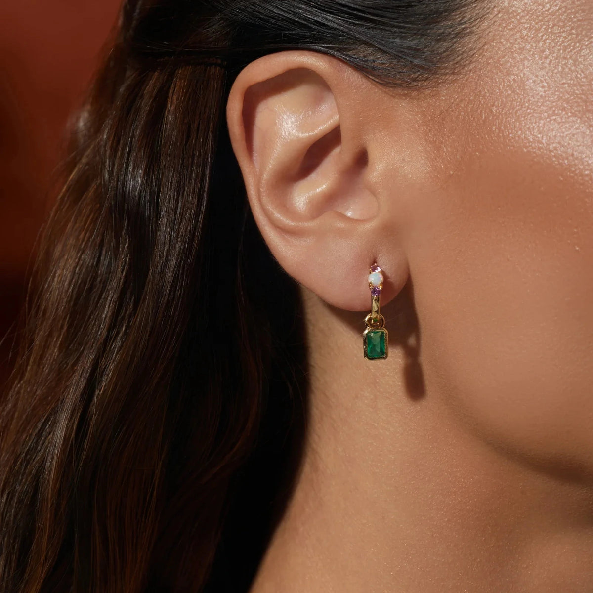 Ear Bling Rectangle Jolie Earring with Emerald Crystal, Opal and Pink Tourmaline Cubic Zirconia - 18k Gold Plated