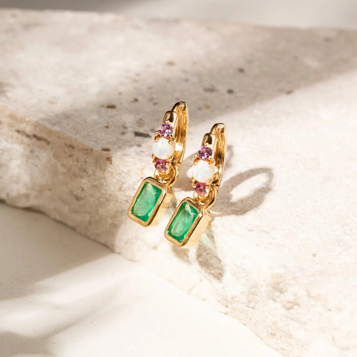 Ear Bling Rectangle Jolie Earring with Emerald Crystal, Opal and Pink Tourmaline Cubic Zirconia - 18k Gold Plated