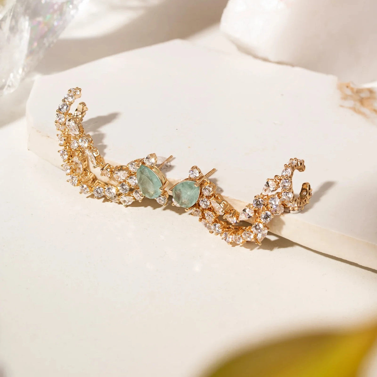 Ear Chain Pear Earring with Labradorite Fusion and White Cubic Zirconia - 18k Gold Plated