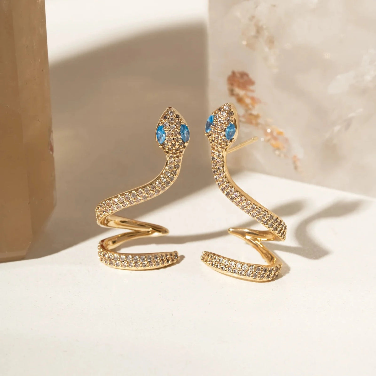 Snake Ear Cuff with Blue Topaz Crystal and White Cubic Zirconia - 18k Gold Plated