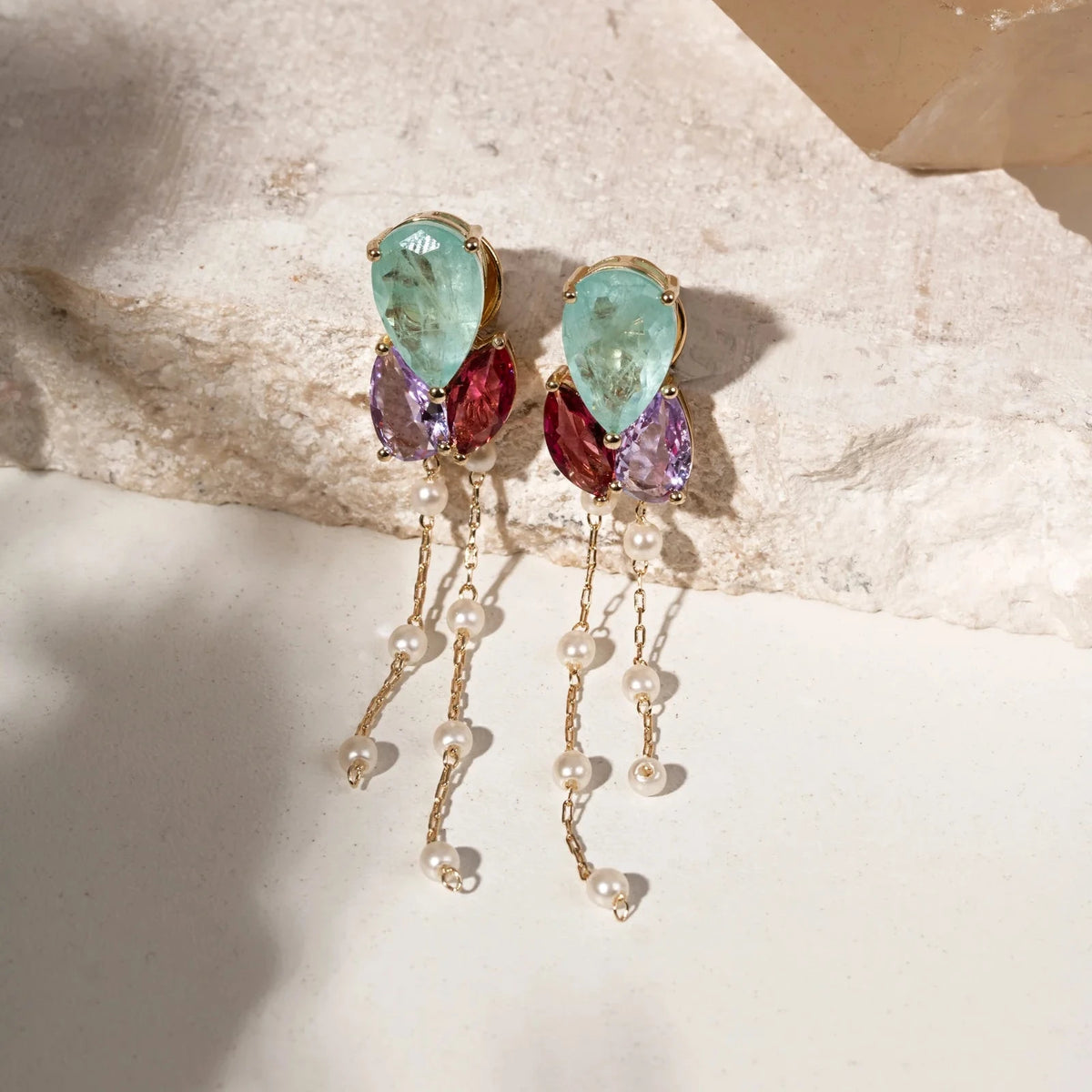 Versatile Shapes Earring with Light Tourmaline Fusion and Pink Tourmaline, Amethyst Crystals - 18k Gold Plated