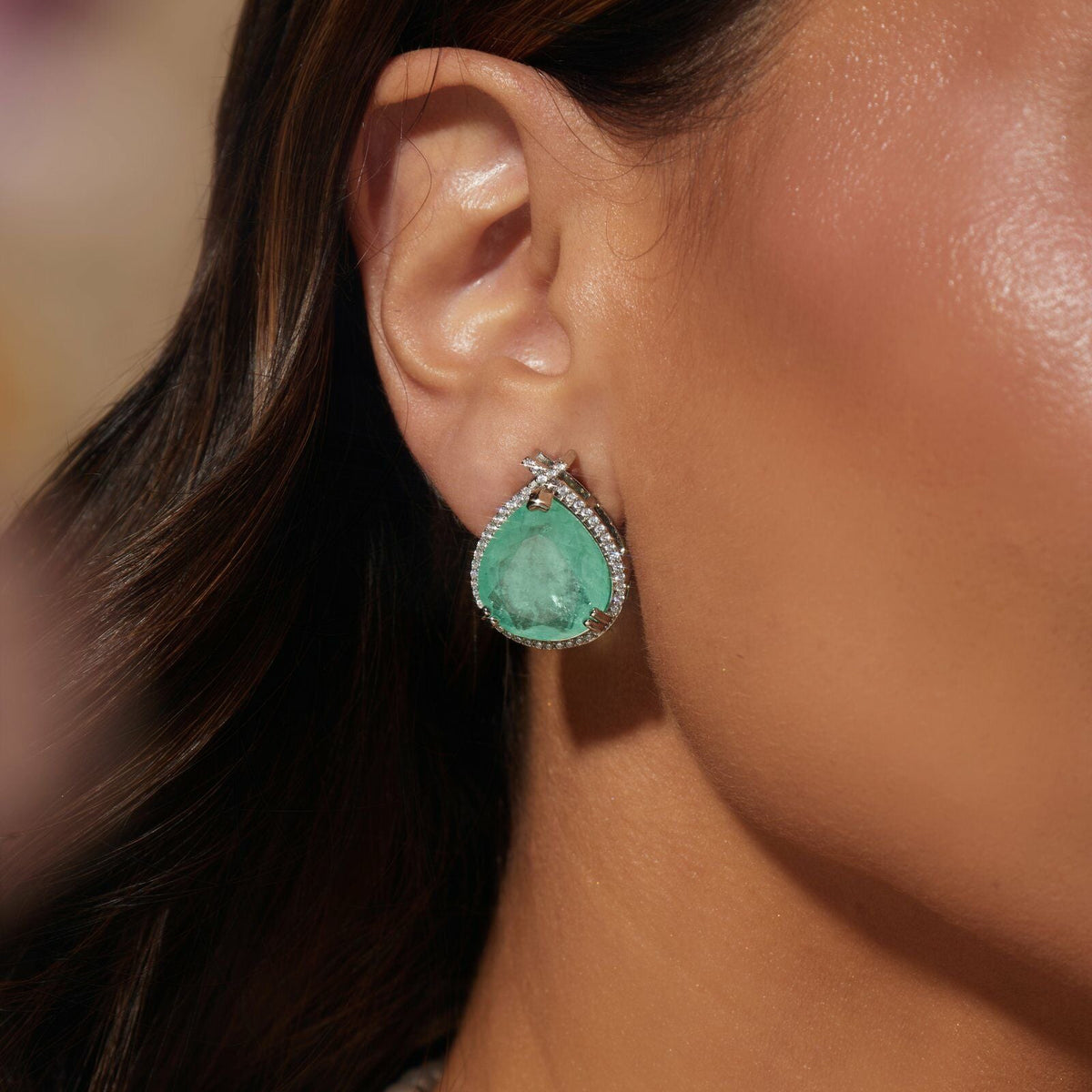 Pear Earring 16x13 with Colombian Emerald Fusion and White Cubic Zirconia - 925 Silver