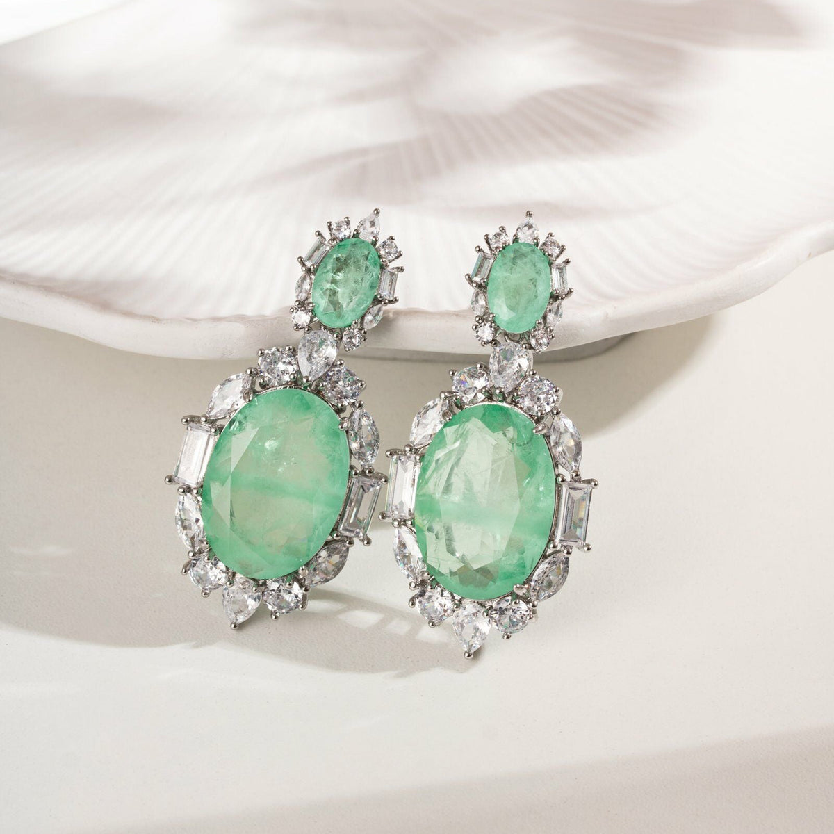 Maxi Oval Earring with Colombian Emerald Fusion and White Cubic Zirconia - White Rhodium Plated