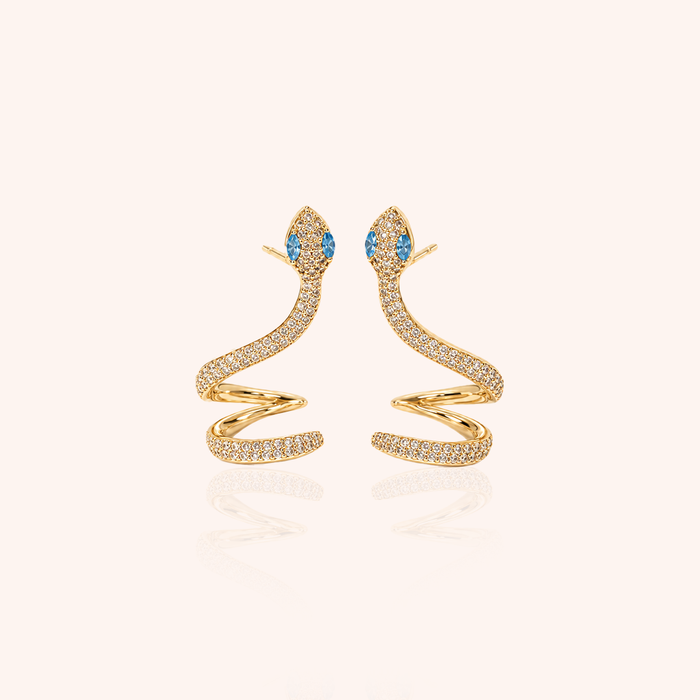 Snake Ear Cuff with Blue Topaz Crystal and White Cubic Zirconia - 18k Gold Plated