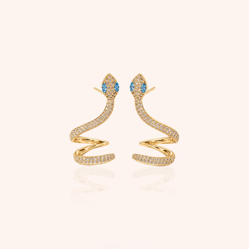 Snake Ear Cuff with Blue Topaz Crystal and White Cubic Zirconia - 18k Gold Plated