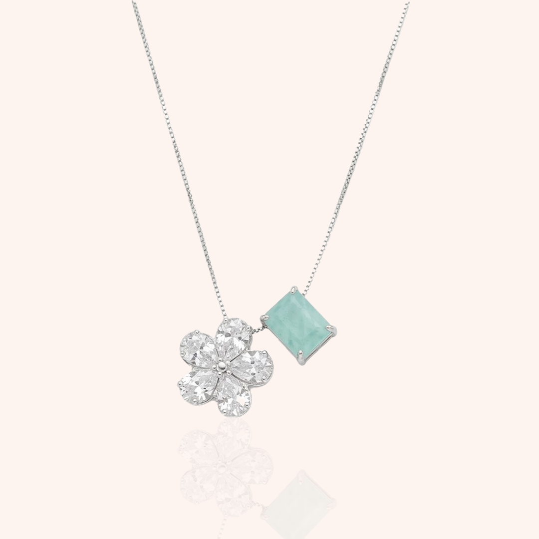 Flower Necklace with White Cubic Zirconia and Aquamarine Cubic Zirconia Square - 925 Silver