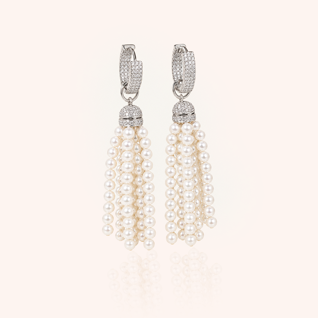Hoop Earring with Shell Pearl Tassel and White Cubic Zirconia - 925 Silver