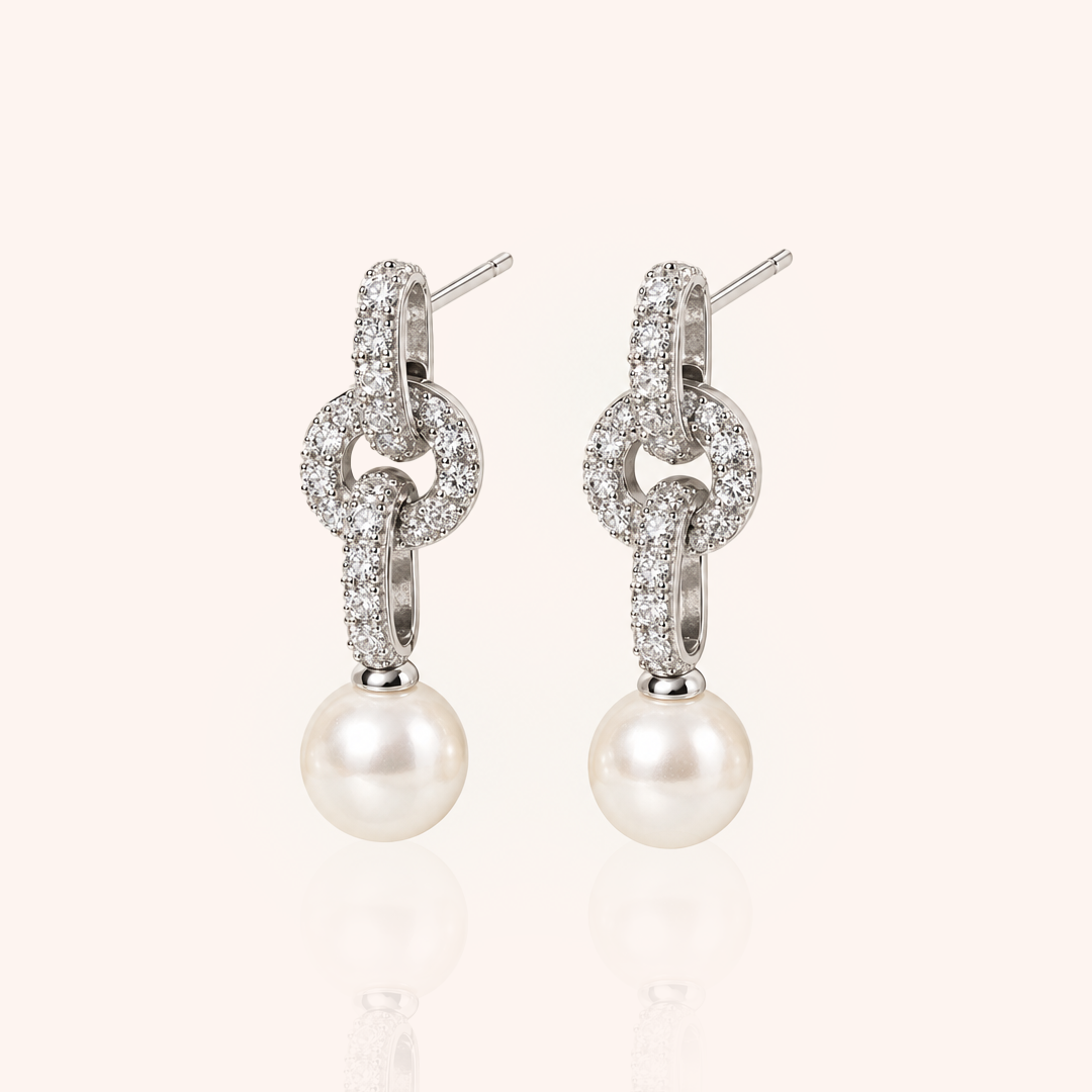 Interlaced Earring with Shell Pearl Pendant and White Cubic Zirconia - 925 Silver