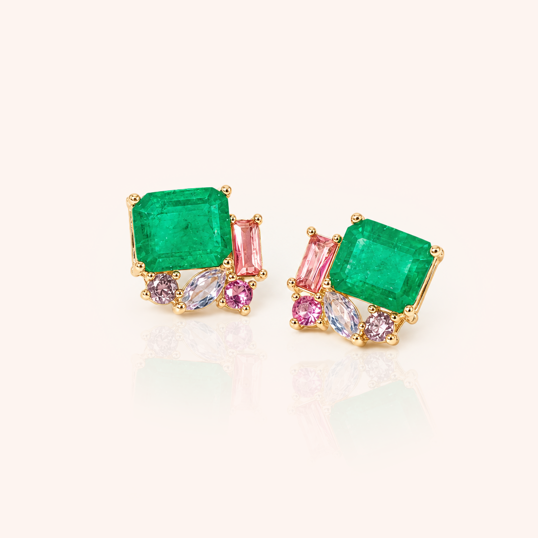 Medium Rectangular Earring with Emerald Fusion, Pink Tourmaline Crystal, Paraiba Crystal - 18k Gold Plated