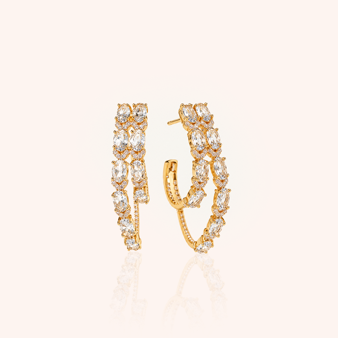Oval Hoop Earring with London Blue Crystal and White Cubic Zirconia - 18k Gold Plated