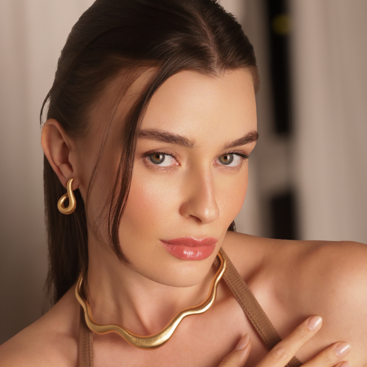 Golden Hook Long Stud Earring, Matte — 18k Gold Plated