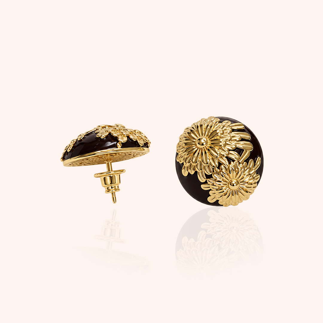 Petal Gold Stud Earring in Brown Enamel — 18k Gold Plated