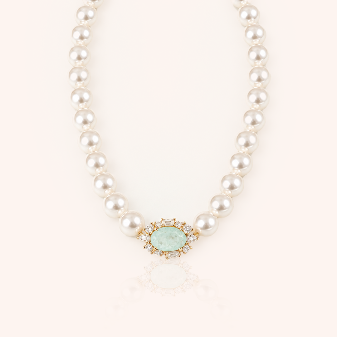 Shell Pearl 8mm Necklace and Light Tourmaline Fusion Oval with White Cubic Zirconia 42cm - 18k Gold Plated