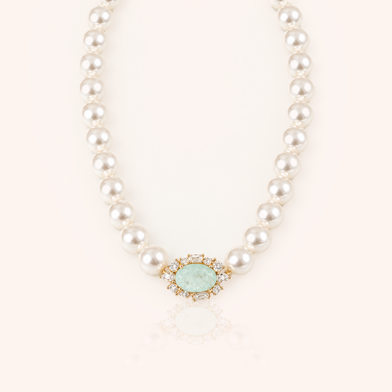 Shell Pearl 8mm Necklace and Light Tourmaline Fusion Oval with White Cubic Zirconia 42cm - 18k Gold Plated