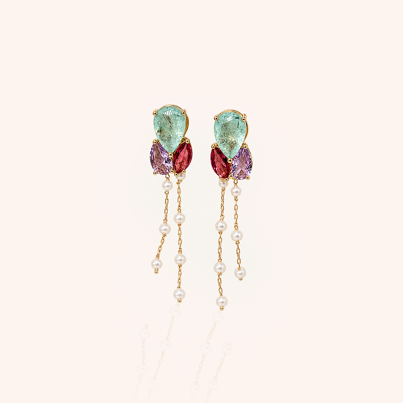 Versatile Shapes Earring with Light Tourmaline Fusion and Pink Tourmaline, Amethyst Crystals - 18k Gold Plated